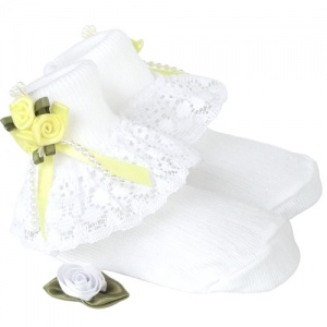 Girls White Lace Socks with Lemon Rosebud Cluster
